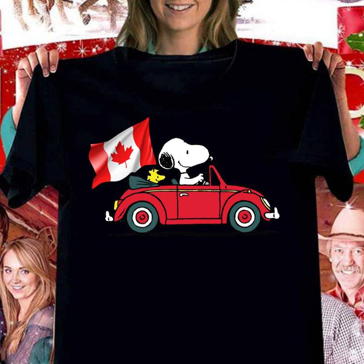 Snoopy Driving Car Woodstock Canada Flag t-shirt woman shirt