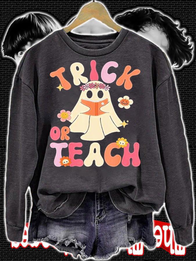 Teacher Halloween Groovy Halloween Trick Or Teach Retro Floral Ghost Shirt t-shirt sweatshirt