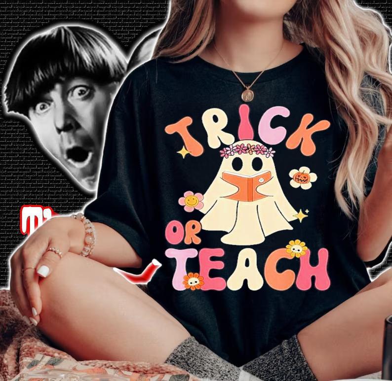 Teacher Halloween Groovy Halloween Trick Or Teach Retro Floral Ghost Shirt t-shirt woman shirt