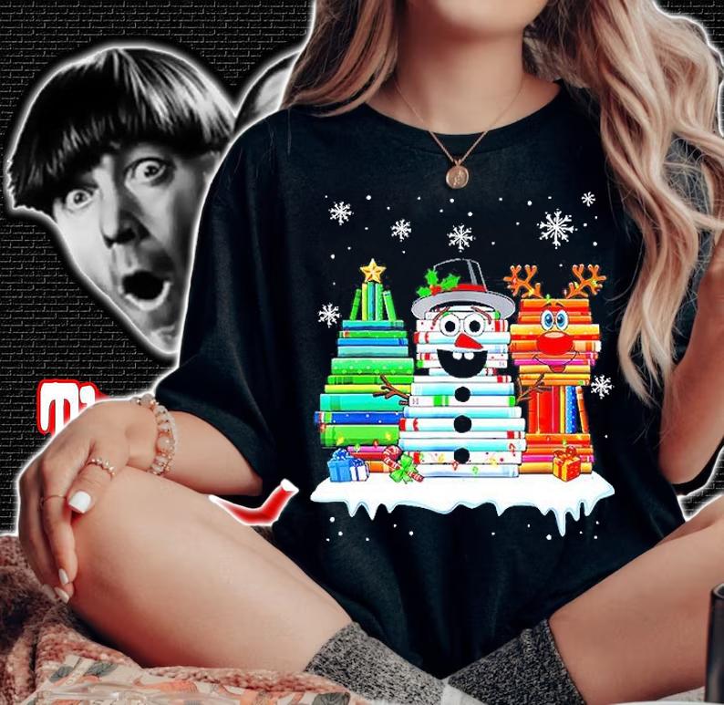 Book Tree Snowman And Reindeer Christmas Merry Christmas Shirt t-shirt