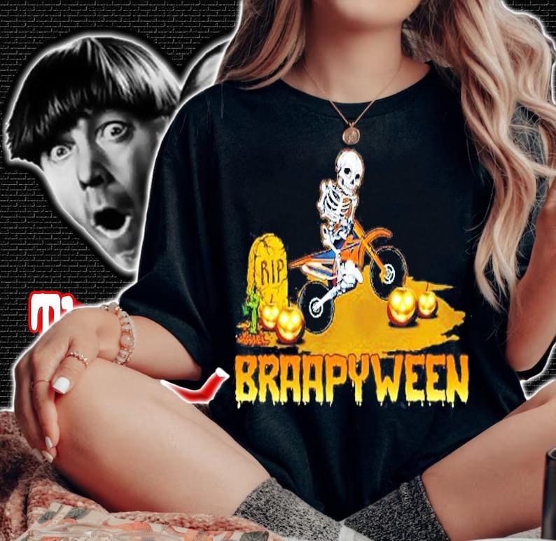 Braapyween Skeleton Riding Motorcycle Scary Pumpkin Shirt t-shirt