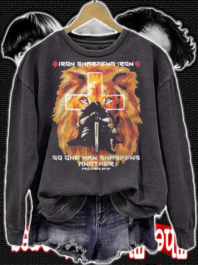 Christian Bible Verse Sayings Lion Cross Iron Sharpens Iron Pullover Shirt t-shirt sweatshirt