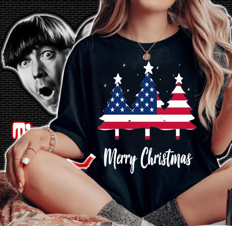 Merry Christmas American Flag Trees T-Shirt woman shirt